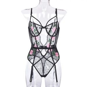 Black floral embroidery strappy Teddy lingerie lace